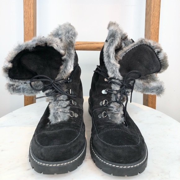 Stuart Weitzman Black Ankle Boots with Gray Fur Trim - Picture 1 of 11